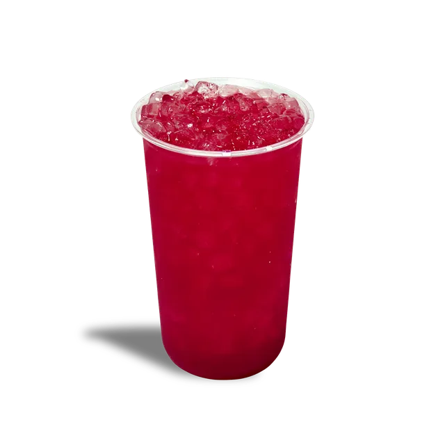 Fresh Blackberry Basil, a deep magenta blackberry basil drink made with real fruit, over ice in a clear cup
