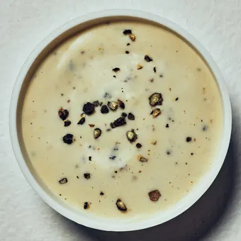 A bowl of creamy Caesar dressing cracked with black pepper